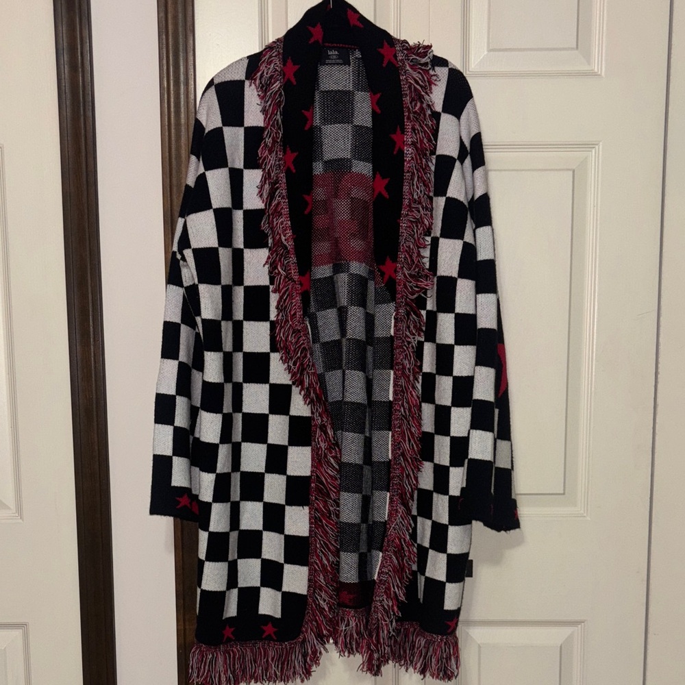 DIL legend Checkered Fringe Cardigan with Red Stars - Picture 2 of 6
